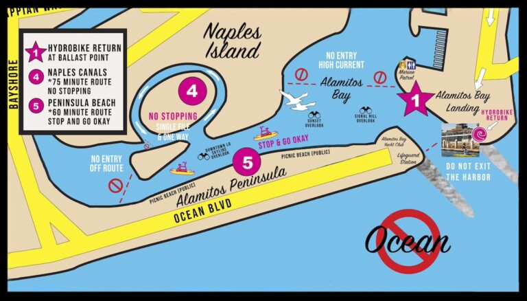 Route map of Alamitos Bay showing the Naples canals and Picnic Beach