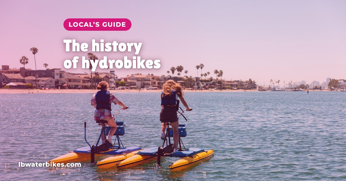 Two riders on hydrobikes on sunny Alamitos Bay with beach homes and palm trees. Local’s Guide: the history of hydrobikes
