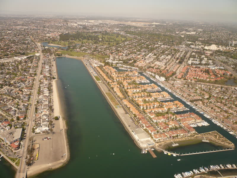 Aerial view of the long straight Marine Stadium channel in Long Beach, looking northwest.
