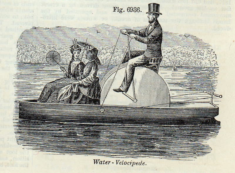An 1877 engraving of a water velocipede: a man in a top hat pedals a paddle wheel while two passengers ride in the boat.