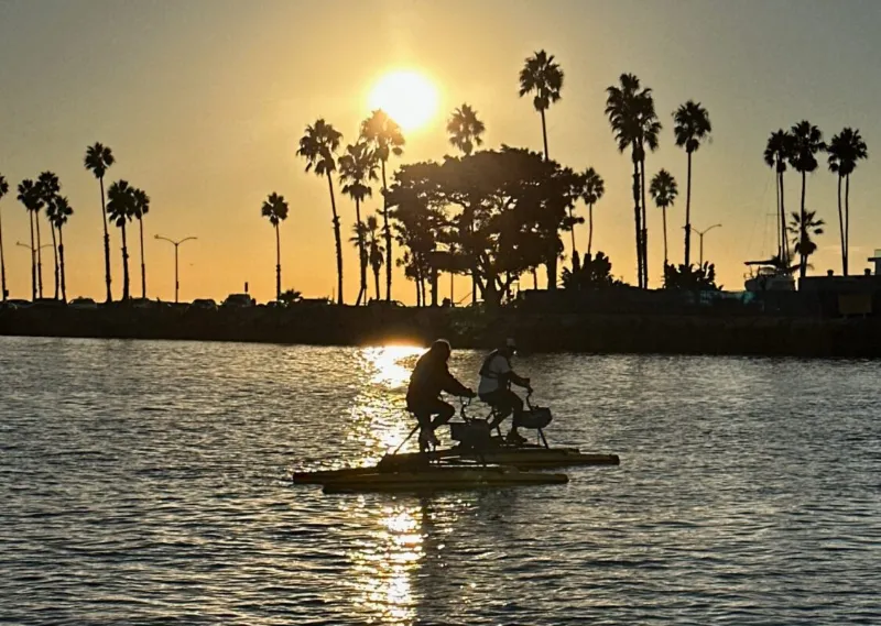 Two riders on hydrobikes silhouetted against the sunset and palm trees