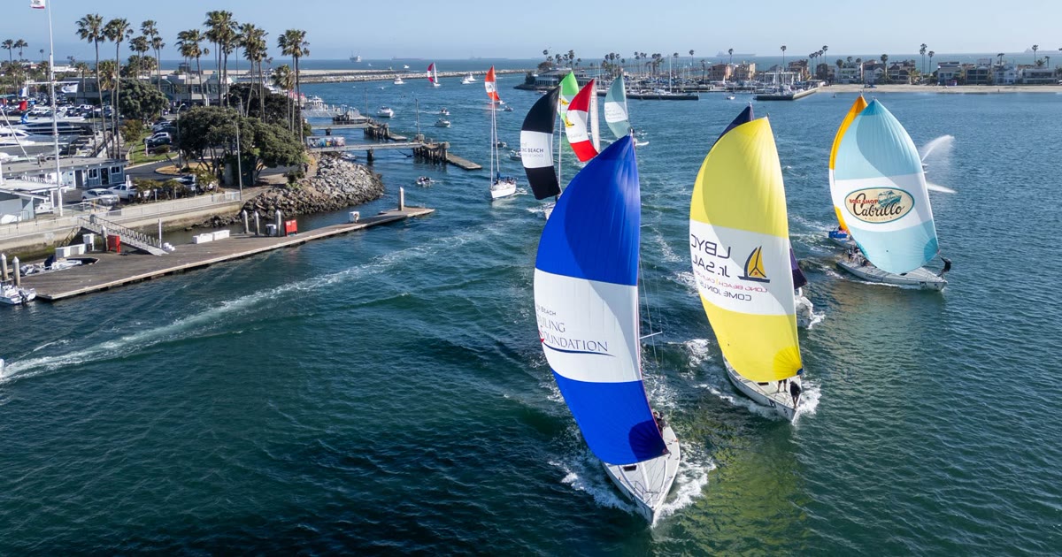 Catalina 37 racing sailboats under colorful spinnakers sailing past a pier and palm trees in Long Beach