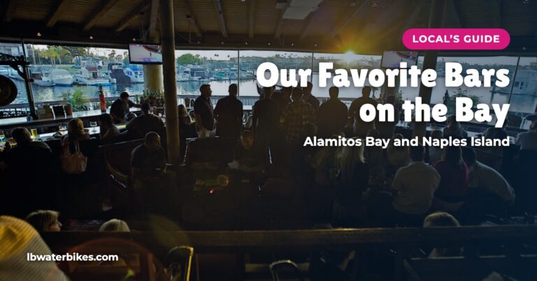 Guests at Tantalum's bar silhouetted against the marina windows at sunset, with the title Our Favorite Bars on the Bay