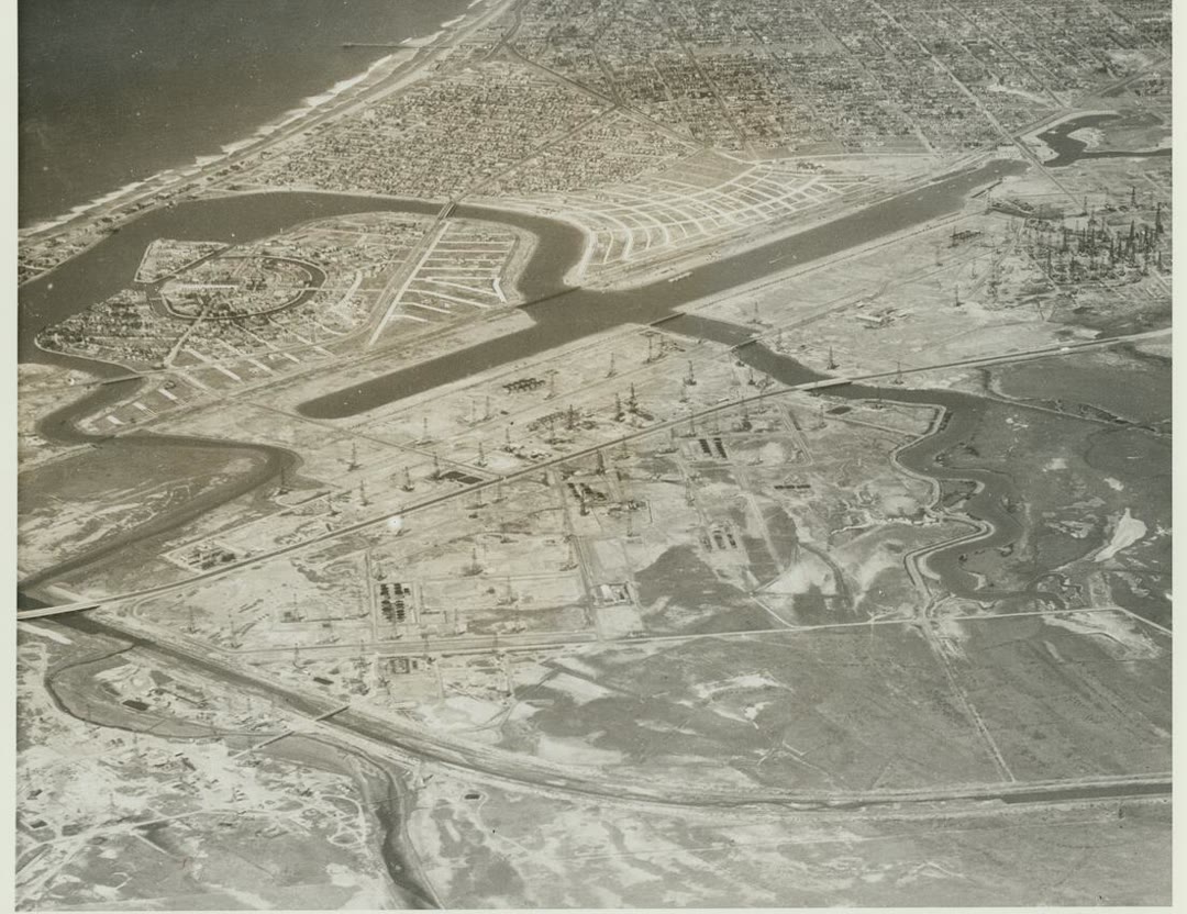 Aerial photo of the new Marine Stadium rowing course in Long Beach, 1932