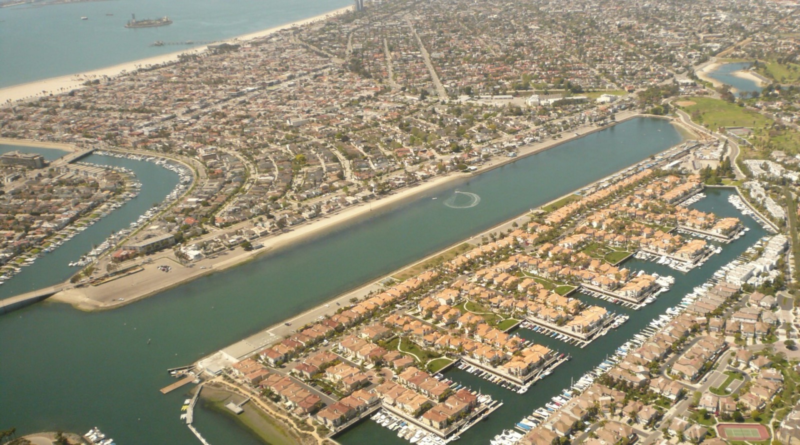 The full length of the Marine Stadium course from the air, Long Beach